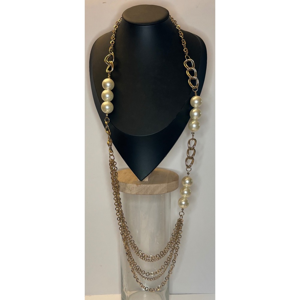 Vintage Necklace Faux Pearl Multi Strand Draped Chain Gold Tone Long 40"